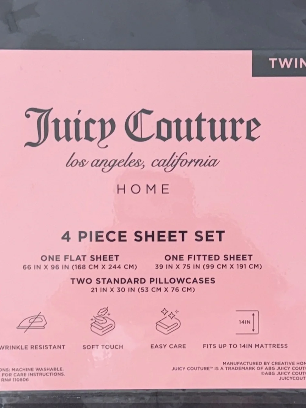 Juicy Couture Home Twin 4 Piece Black Sheet Set New Sealed Bedding